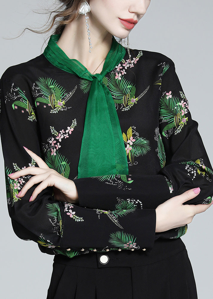 Black Stand Collar Print Silk Shirt Spring