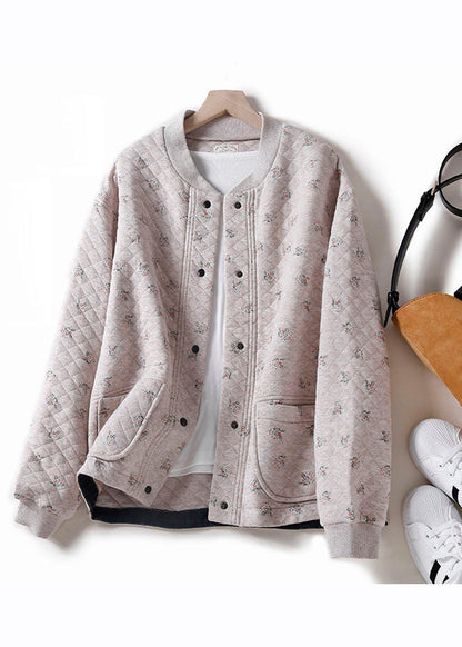 Unique Apricot O-neck Print Button Pockets Thick Cotton Coats Winter