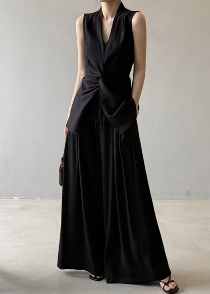 Black Silm Linen Two-piece Set Asymmetrical Wrinkled Sleeveless