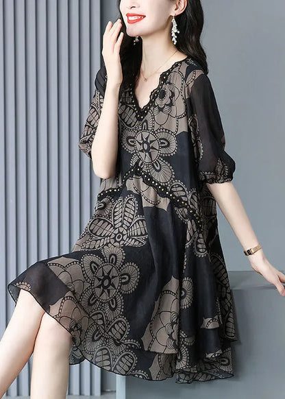Black V Neck Print Chiffon Maxi Dress Summer