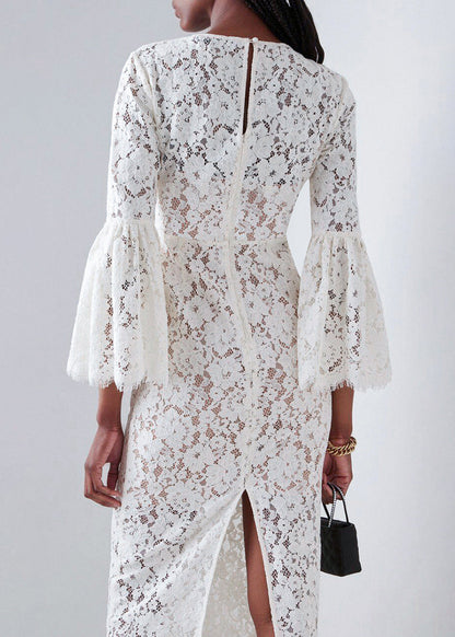 Beige Hollow Out Side Open Lace Dress Flare Sleeve