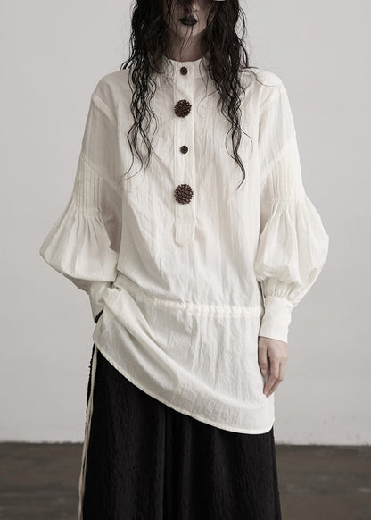 French White O-neck Puff Sleeve Patchwork Cotton Tops Fall