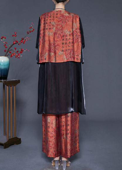 Style Brick Red Print Patchwork Low High Design Silk Two Pieces Set Summer