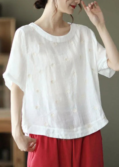 Unique White O-neck Embroideried Summer Ramie Shirt Half Sleeve