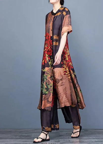 Chocolate Print Silk Shirt Dress and Wide Leg Pants Two Pieces Set Thin Half Sleeve