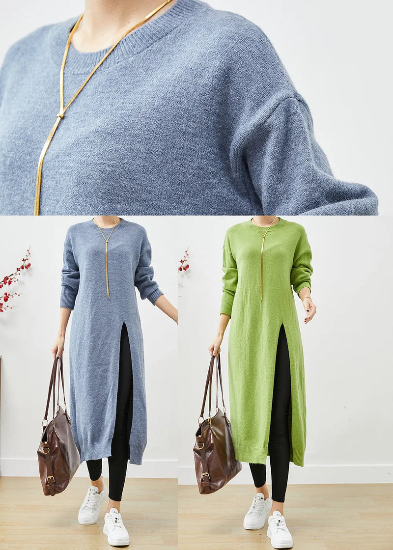 Style Blue Grey O-neck Side Open Knit Long Dress Fall