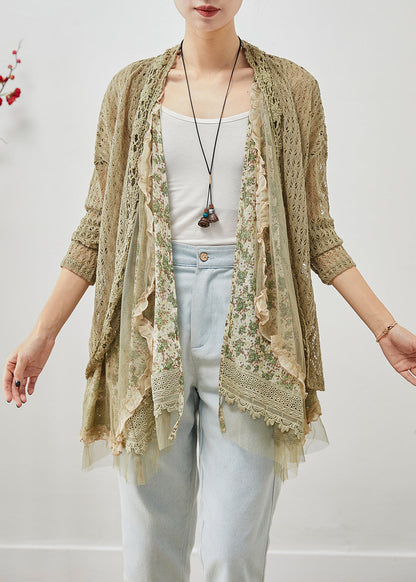 Green Ruffled Patchwork Hollow Out Lace Cardigans Fall