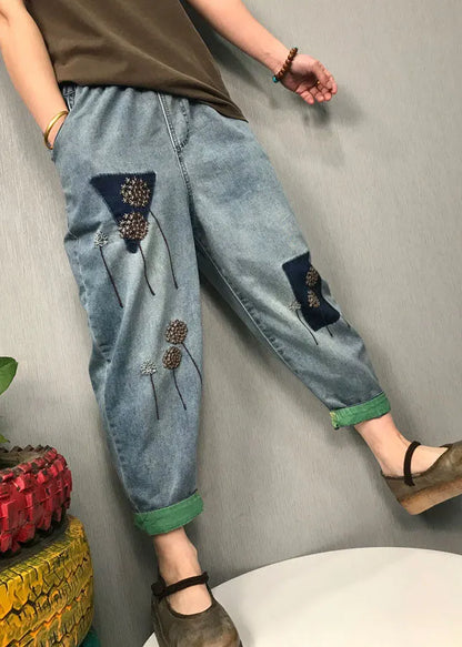 Organic Blue Embroideried Harem Denim Pants Spring