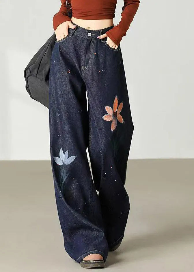 Handmade Dark Blue Pockets Print Wide Leg Jeans Summer