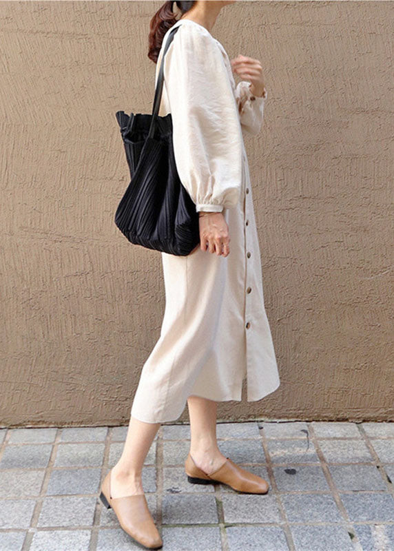 Apricot V Neck Wrinkled Patchwork Cotton Dresses Lantern Sleeve