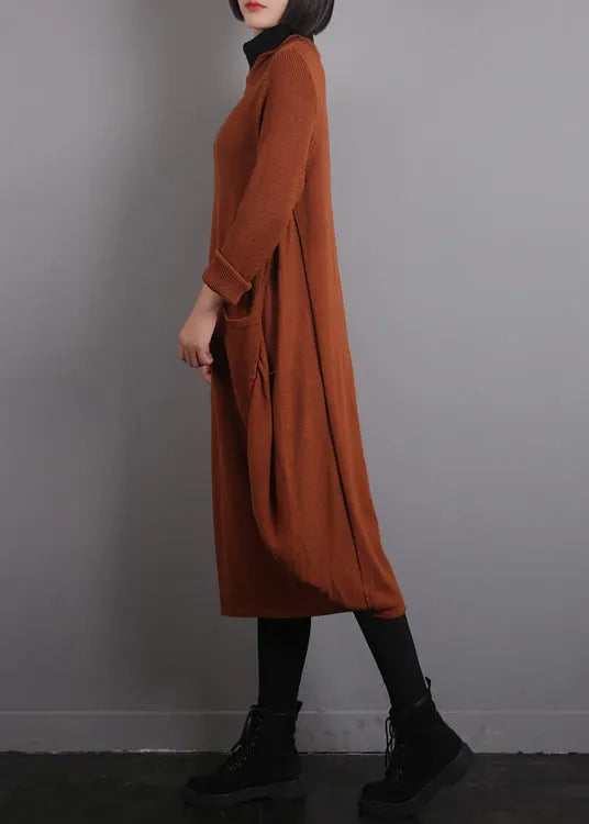 Orange O-neck Knit Cotton Thread Sweater Dress Fall