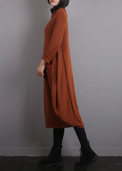 Orange O-neck Knit Cotton Thread Sweater Dress Fall