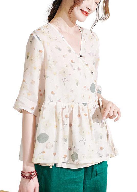 Classy Apricot Print Button Summer Ramie Half Sleeve