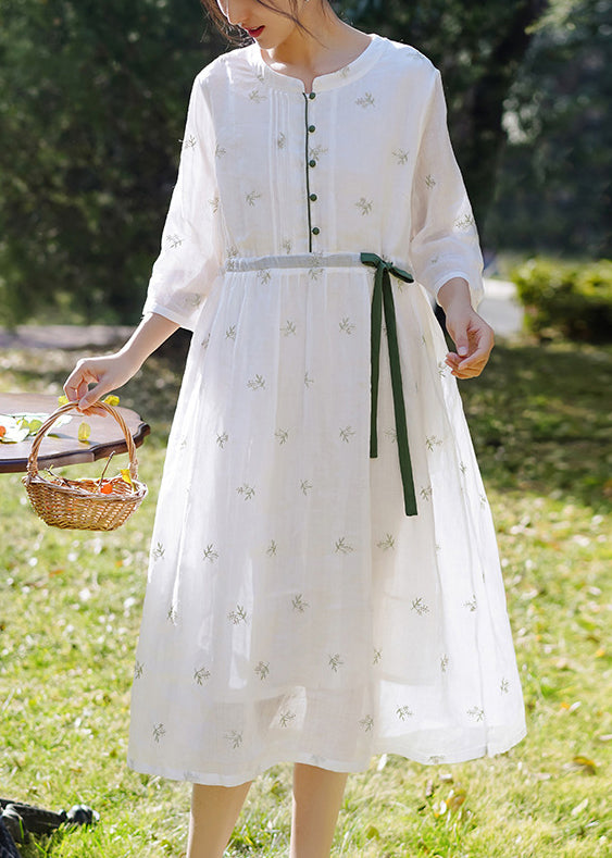 White Embroidered Button Linen Dress Spring