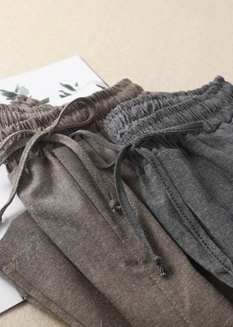 Khaki Elastic Waist Linen Pants Spring