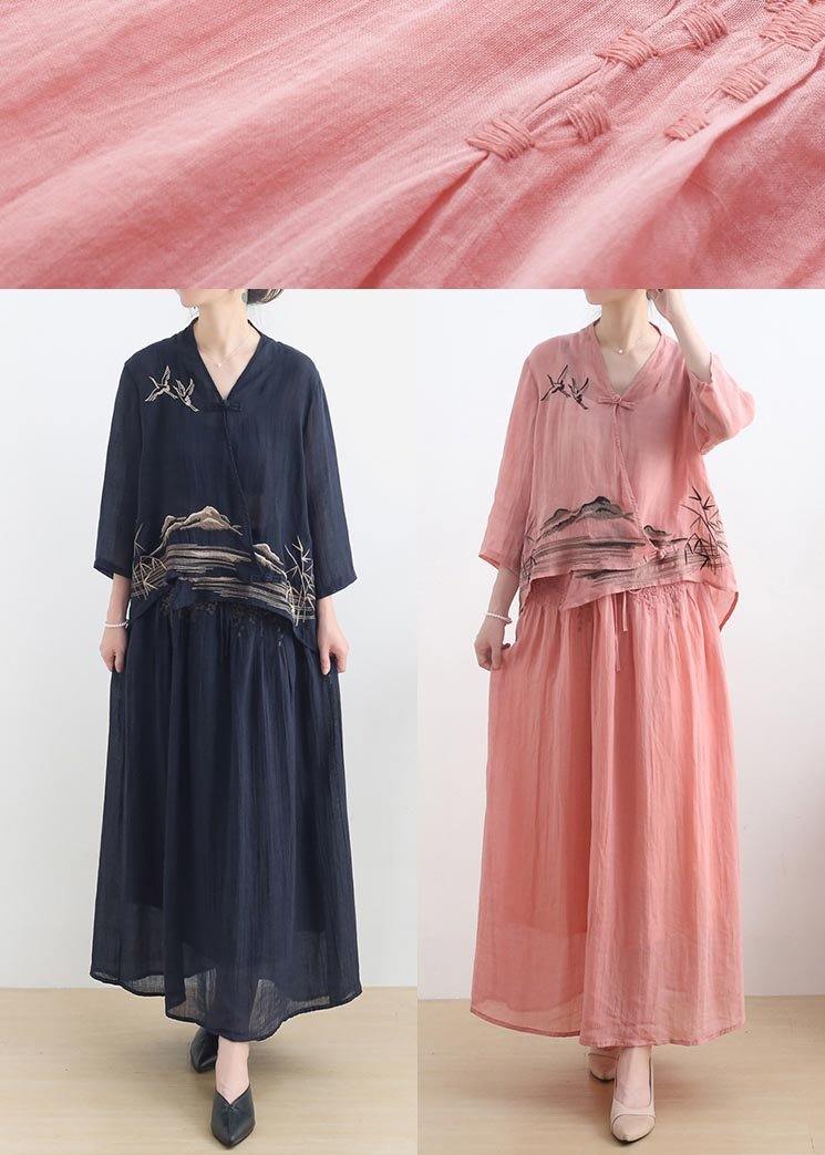 Birds Over the Clouds-navy Low High Linen Outfit Summer Shirt & Pants Two Pieces Set