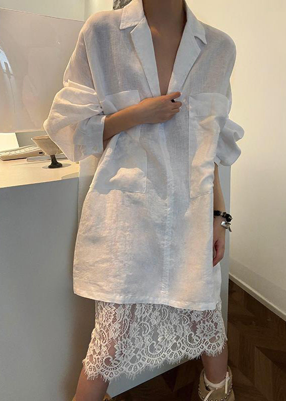 French White Peter Pan Collar Pockets Linen Blouses Fall