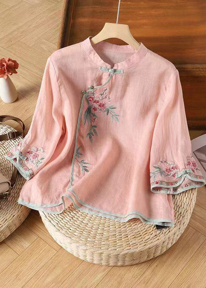Pink Stand Collar Embroidered Patchwork Shirt Three Quarter Sleeve