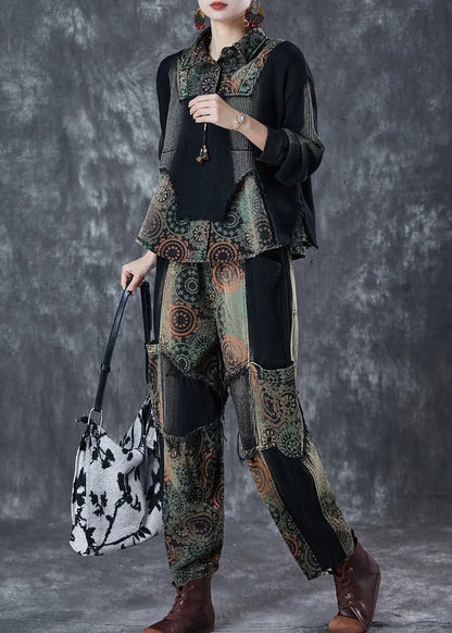 Black Tie Dye Patchwork Print Denim Two Pieces Set Fall