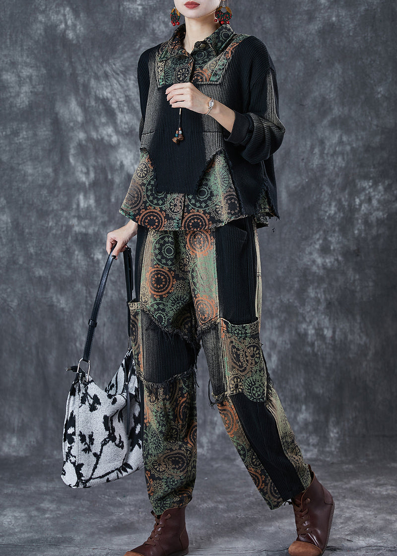 Black Tie Dye Patchwork Print Denim Two Pieces Set Fall