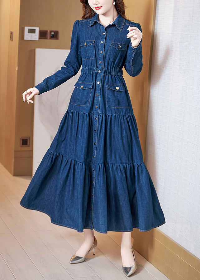 Denim Blue Peter Pan Collar Patchwork Wrinkled Tunic Button Cotton Maxi Dresses Long Sleeve