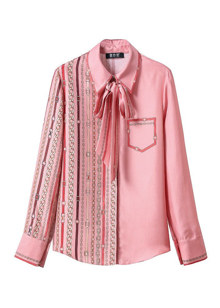 Pink Bow Tie Print Patchwork Silk Shirts Top Spring