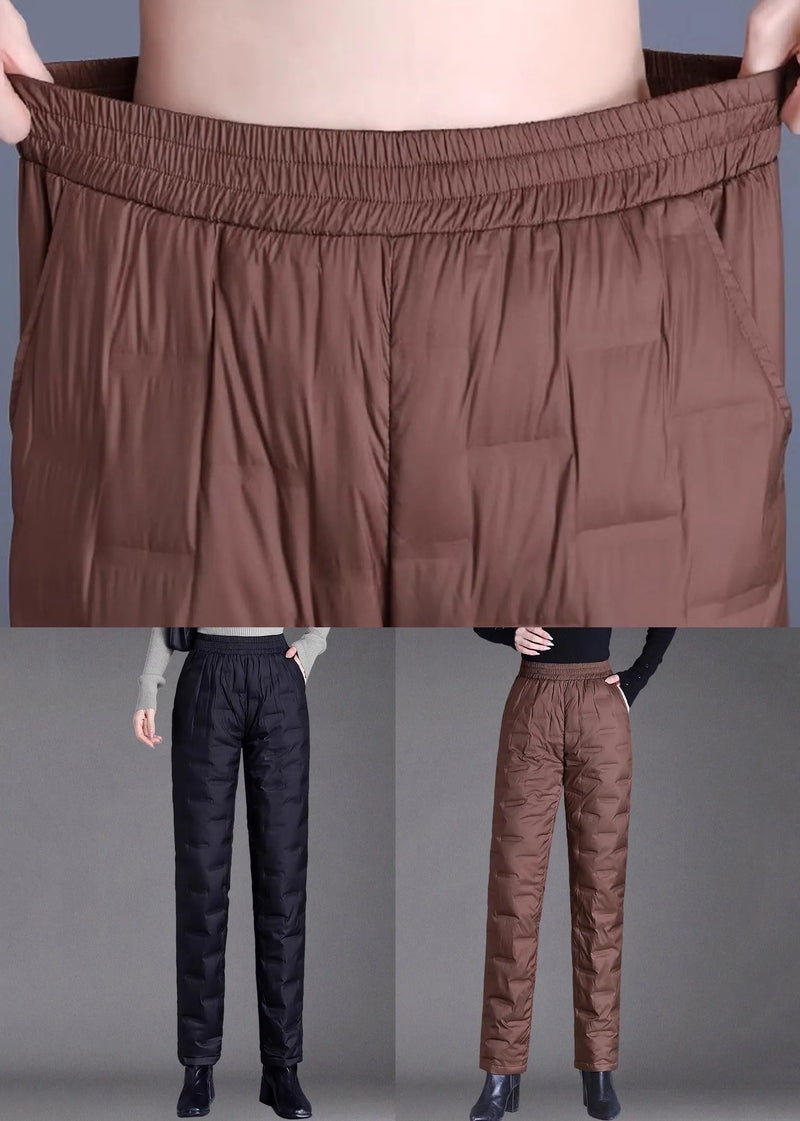 Brown Pockets Elastic Waist Duck Down Filled Pants Winter