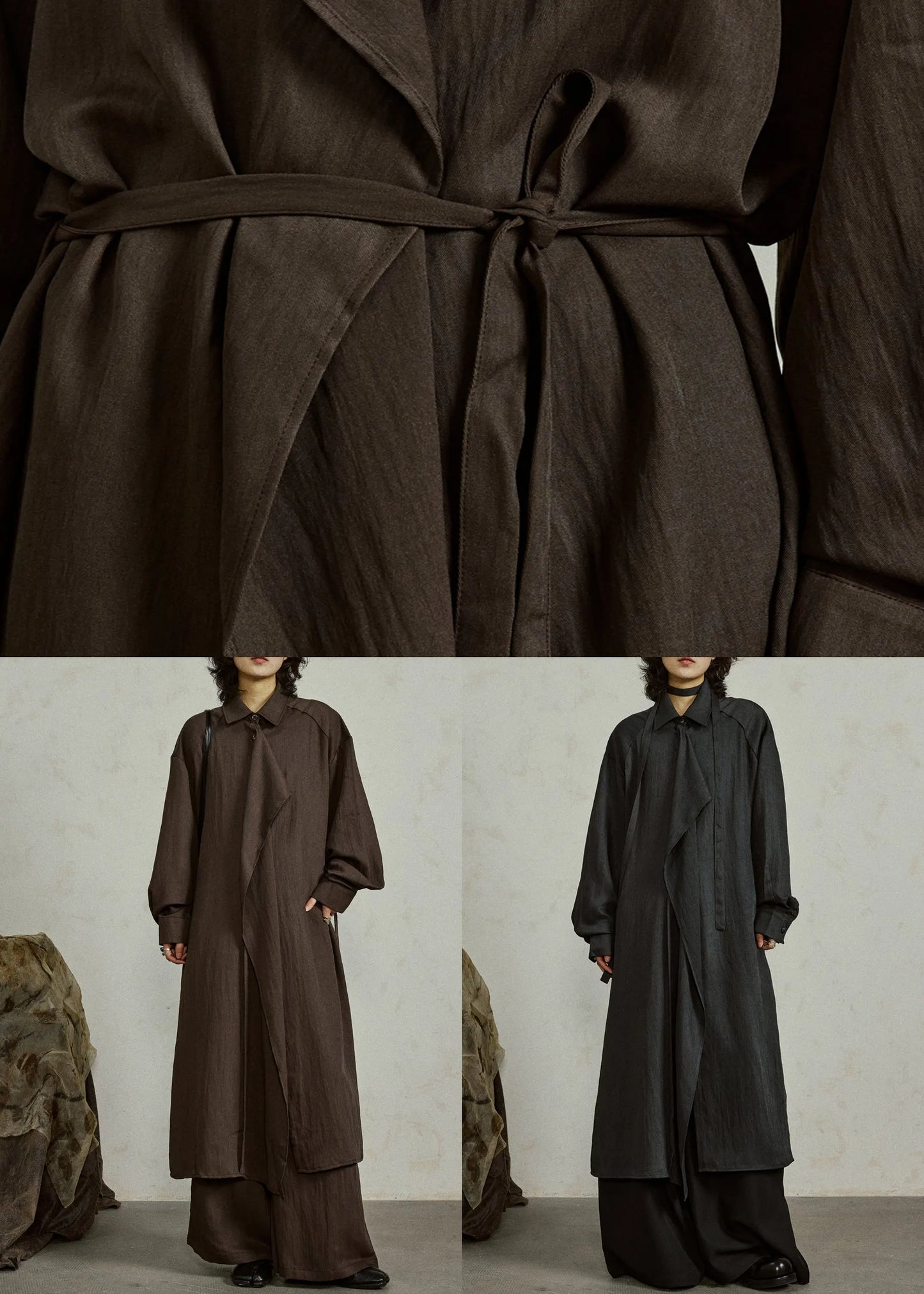 Loose Black Ruffled Tie Waist Cotton Shirts Coat Fall