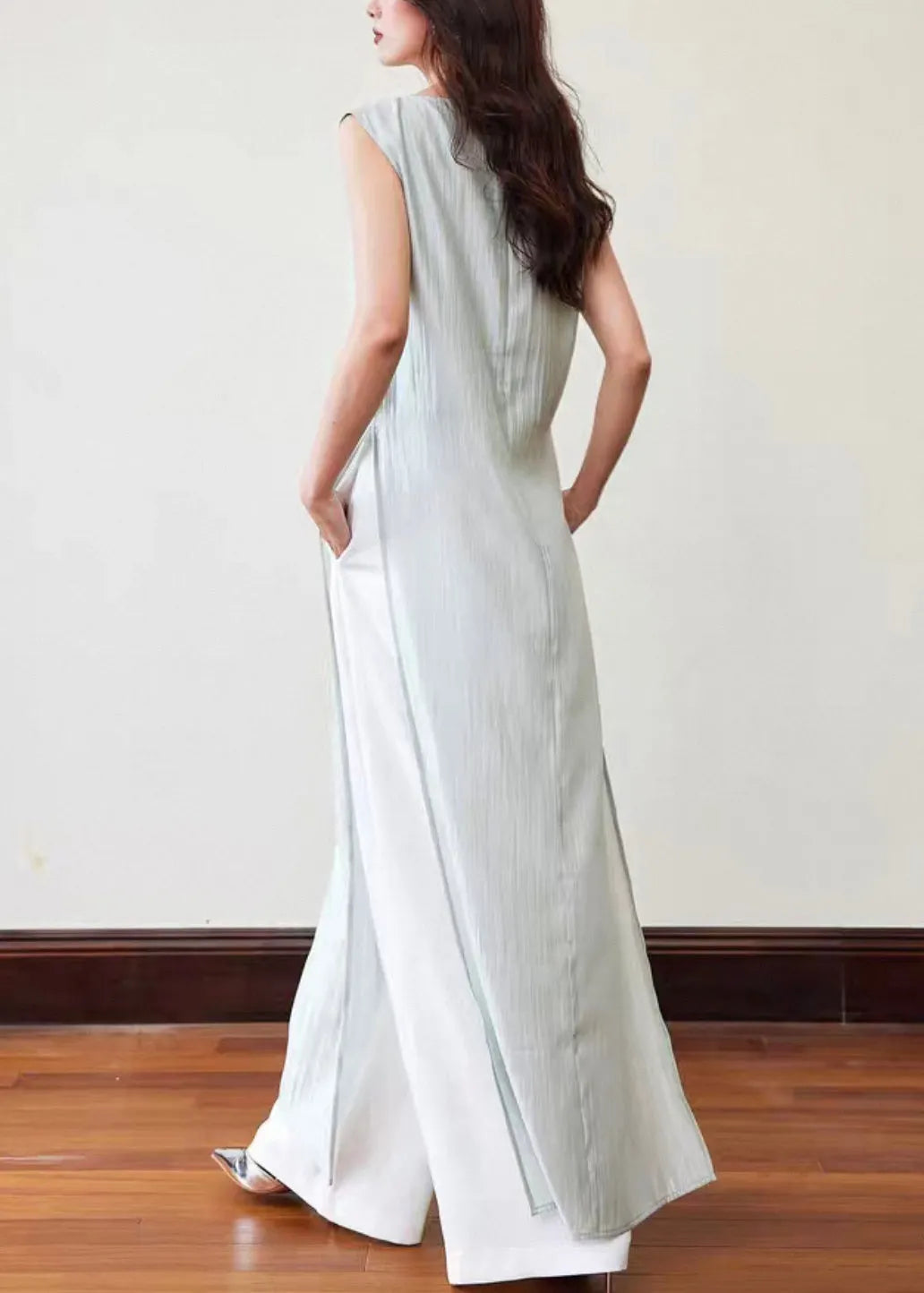 Italian Blue Side Open Tops and White Pants Cotton Two-piece Set Sleeveless