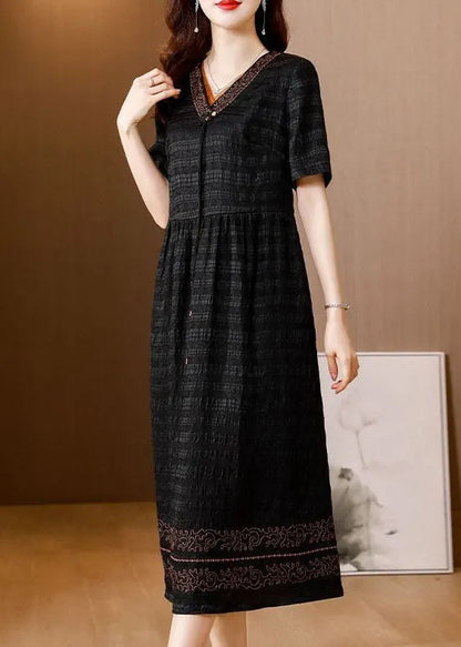 Black V Neck Wrinkled Silk Long Dress Summer
