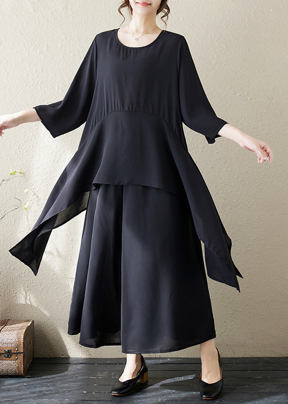 Black O Neck Asymmetrical Chiffon Two Piece Set Summer