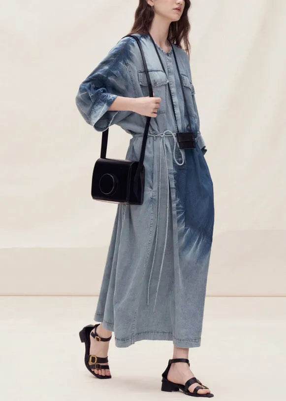 Blue O Neck Tie Dye Denim Dress Summer