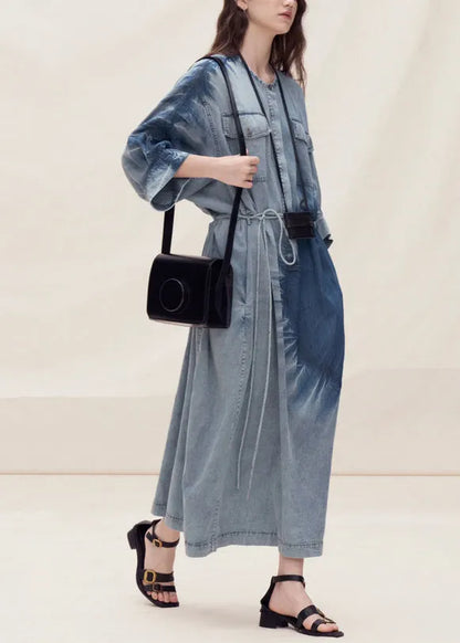 Blue O Neck Tie Dye Denim Dress Summer