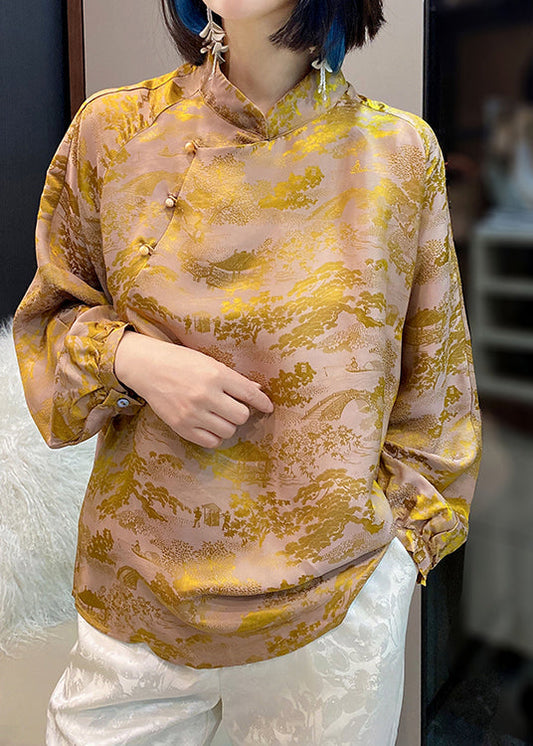 Yellow Mandarin Collar Button Jacquard Silk Top Lantern Sleeve