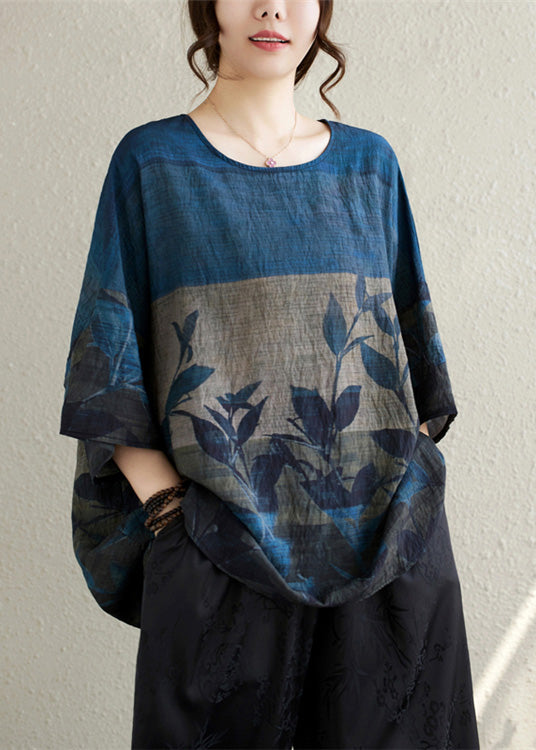 Navy Oversized Print Linen Tanks Summer