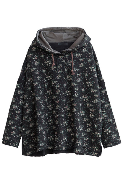 Black Hooded Side Open Cotton Pullover Street Wear Spring