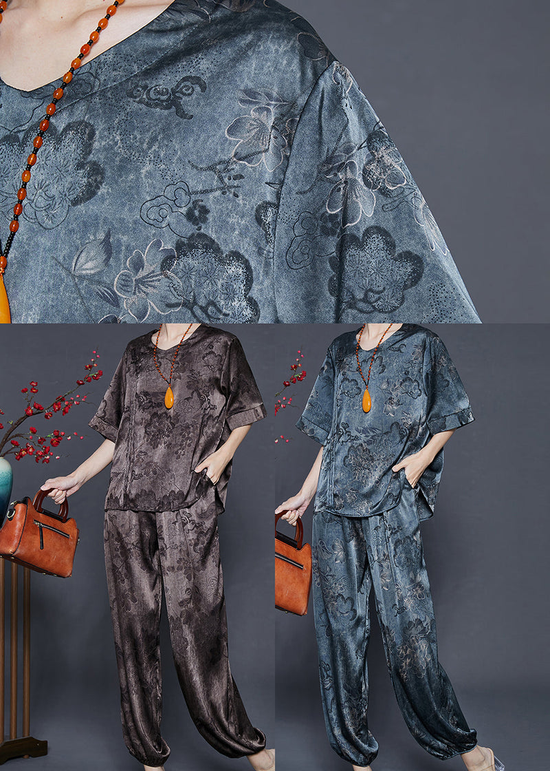 Navy Oversized Print Silk Two Pieces Set Summer
