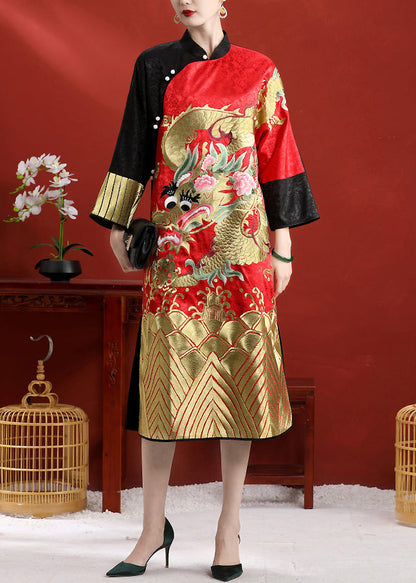 Black Patchwork Red Stand Collar Embroideried Side Open Button Silk Maxi Dresses Long Sleeve