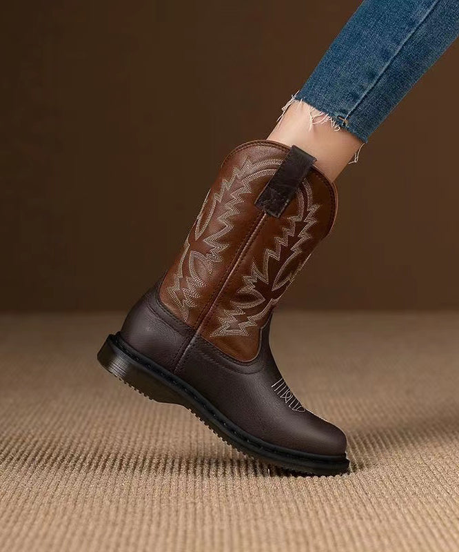 Purple Cowhide Leather Embroideried Splicing Boots