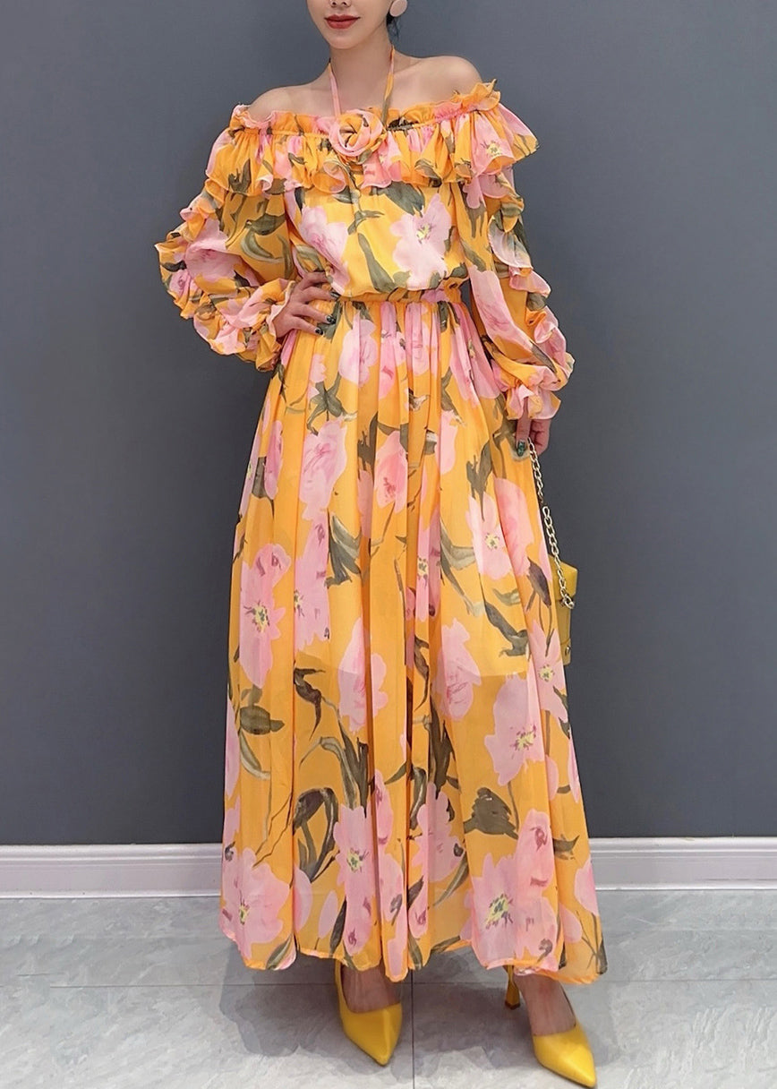 Orange Slash Neck Cold Shoulder Patchwork Long Dress Long Sleeve