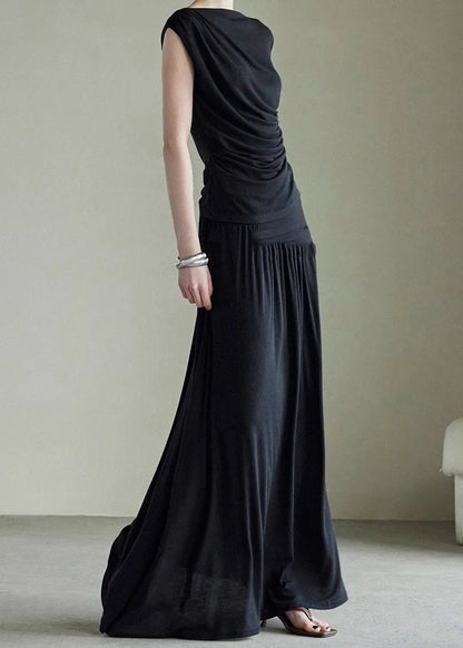 Handmade Grey Slash Neck Vest and Maxi Skirts Cotton Two Piece Set Sleeveless