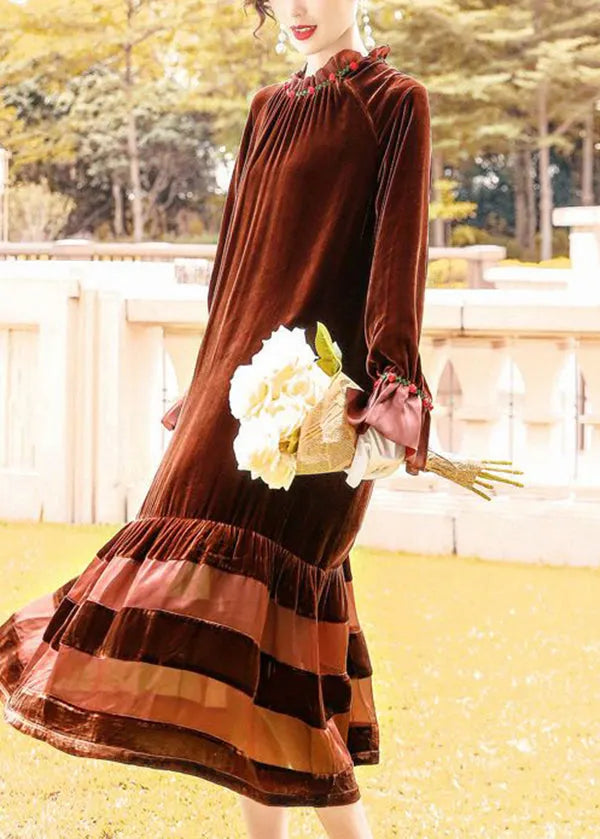 Brown Oversized Patchwork Silk Velour Robe Dresses Spring