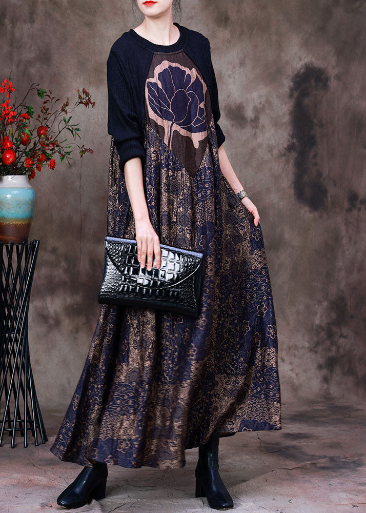 Stylish Purple O-neck Asymmetrical Patchwork Print Silk Dress Long Sleeve