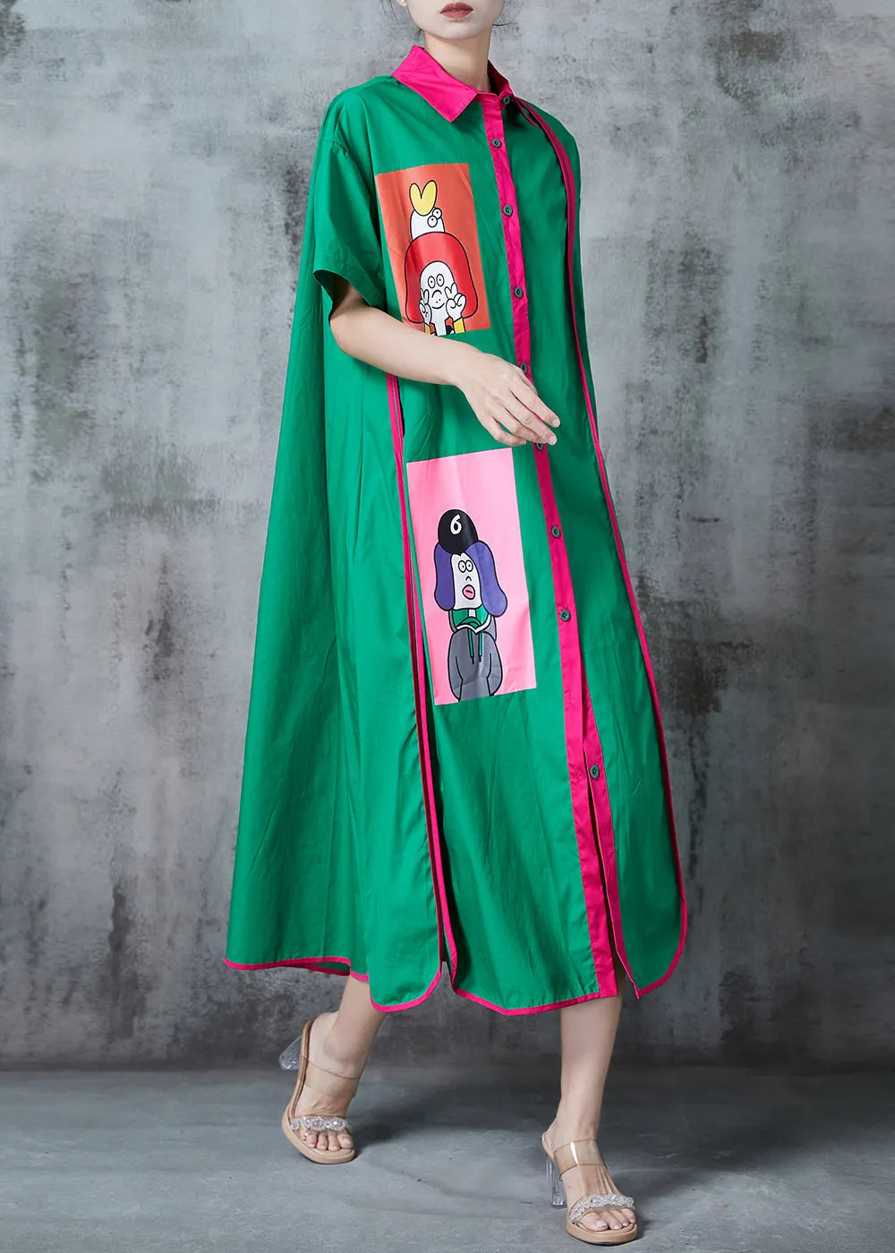 Green Patchwork Cotton a Line Dresses Applique Summer