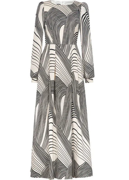 Stylish White O-neck Striped Exra Large Hem Chiffon Cinch Dress Spring