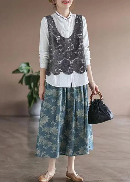 Blue Wrinkled Elastic Waist Patchwork Cotton Skirts Summer