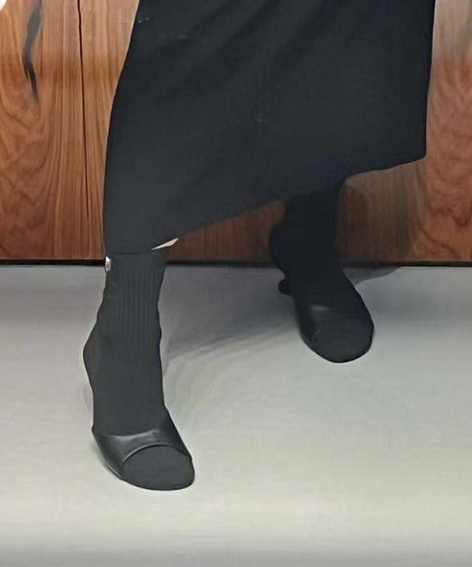 Black Knit Fabric Splicing Faux Leather Pointed Toe Kitten Boots