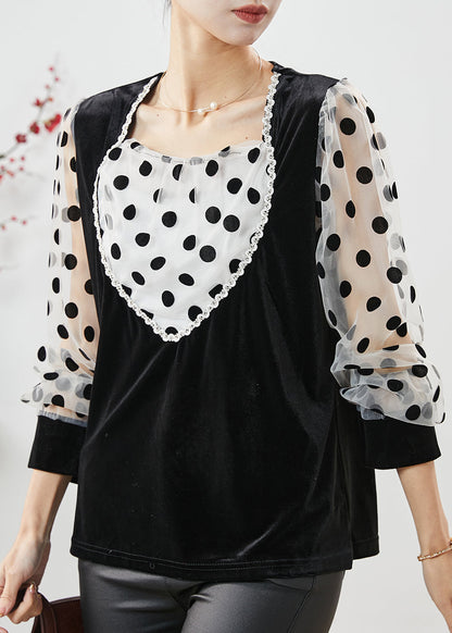 Black Dot Patchwork Velour Fake Two Piece Shirts Spring