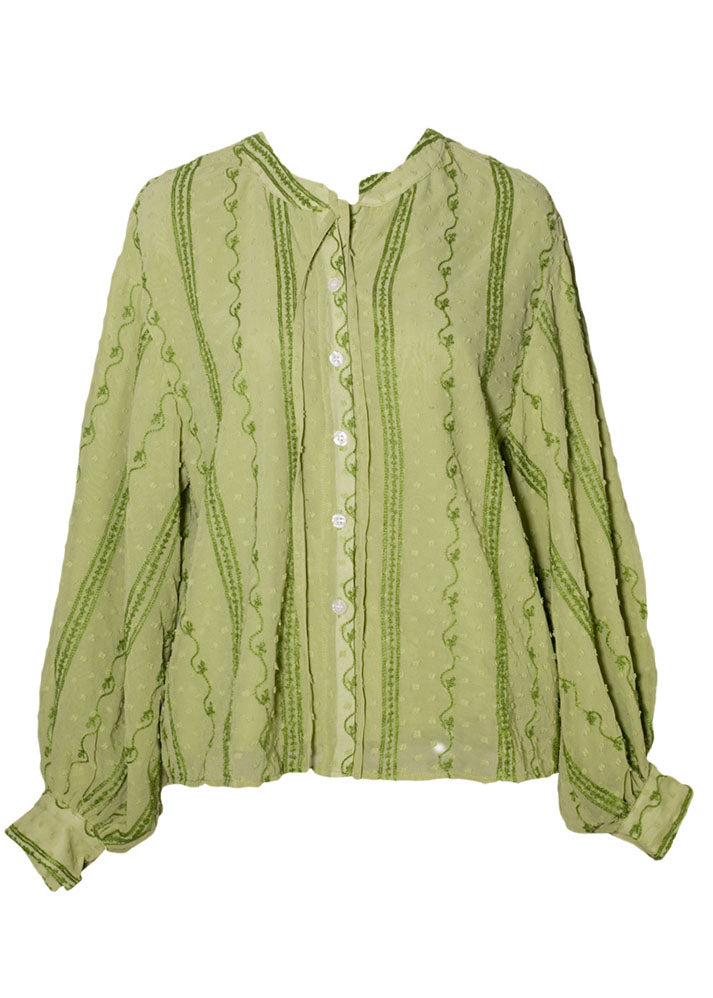 Green Embroideried Lace Up Cotton Shirt Top Spring