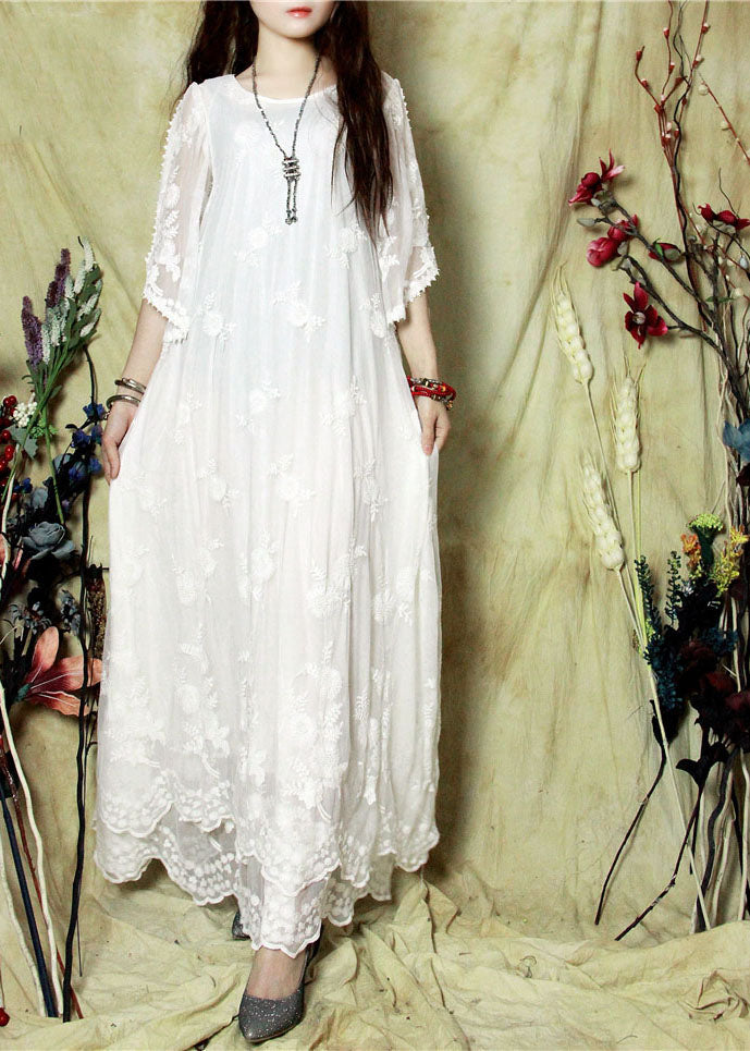 White Embroideried Cold Shoulder Lace Long Dresses Spring